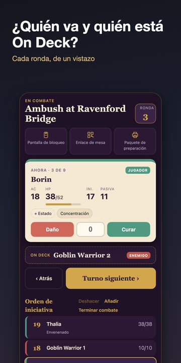 App D20 Desk en Android: orden de iniciativa, enlace para jugadores, paquete de preparación y constructor de encuentros