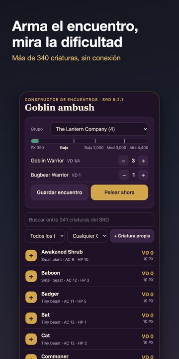 App D20 Desk en Android: orden de iniciativa, enlace para jugadores, paquete de preparación y constructor de encuentros