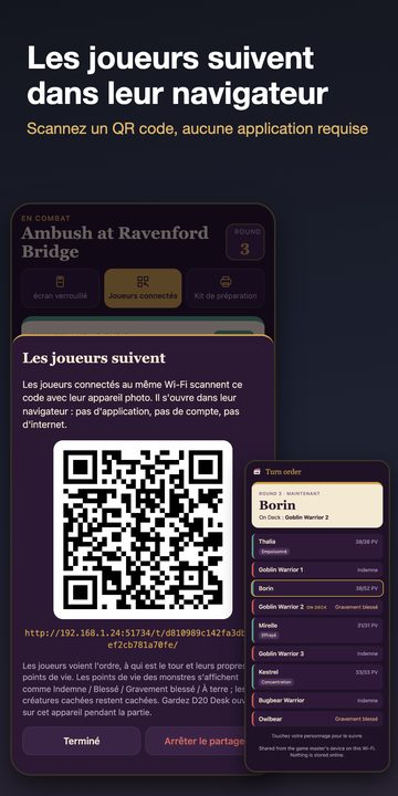 Application D20 Desk sur Android : ordre d'initiative, lien joueurs, kit de préparation et créateur de rencontres