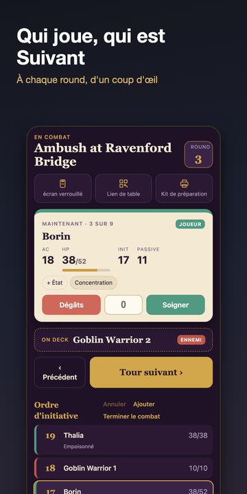 Application D20 Desk sur Android : ordre d'initiative, lien joueurs, kit de préparation et créateur de rencontres