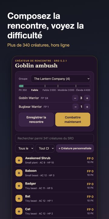 Application D20 Desk sur Android : ordre d'initiative, lien joueurs, kit de préparation et créateur de rencontres