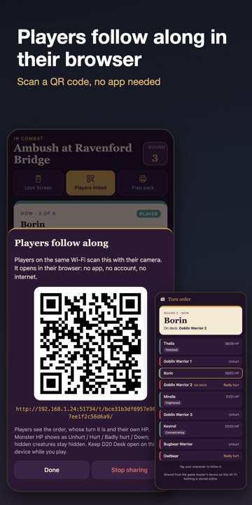 D20 Desk app on Android: initiative order, players link, prep pack and encounter builder