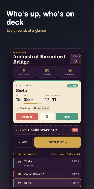 D20 Desk app on Android: initiative order, players link, prep pack and encounter builder