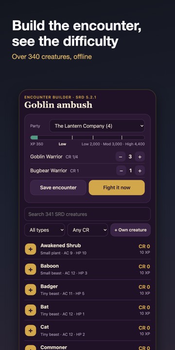 D20 Desk app on Android: initiative order, players link, prep pack and encounter builder