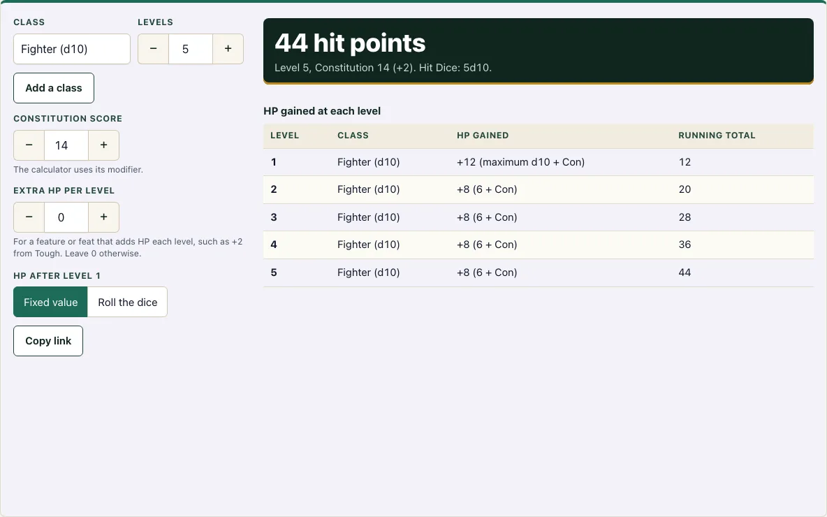 5e hp calculator example