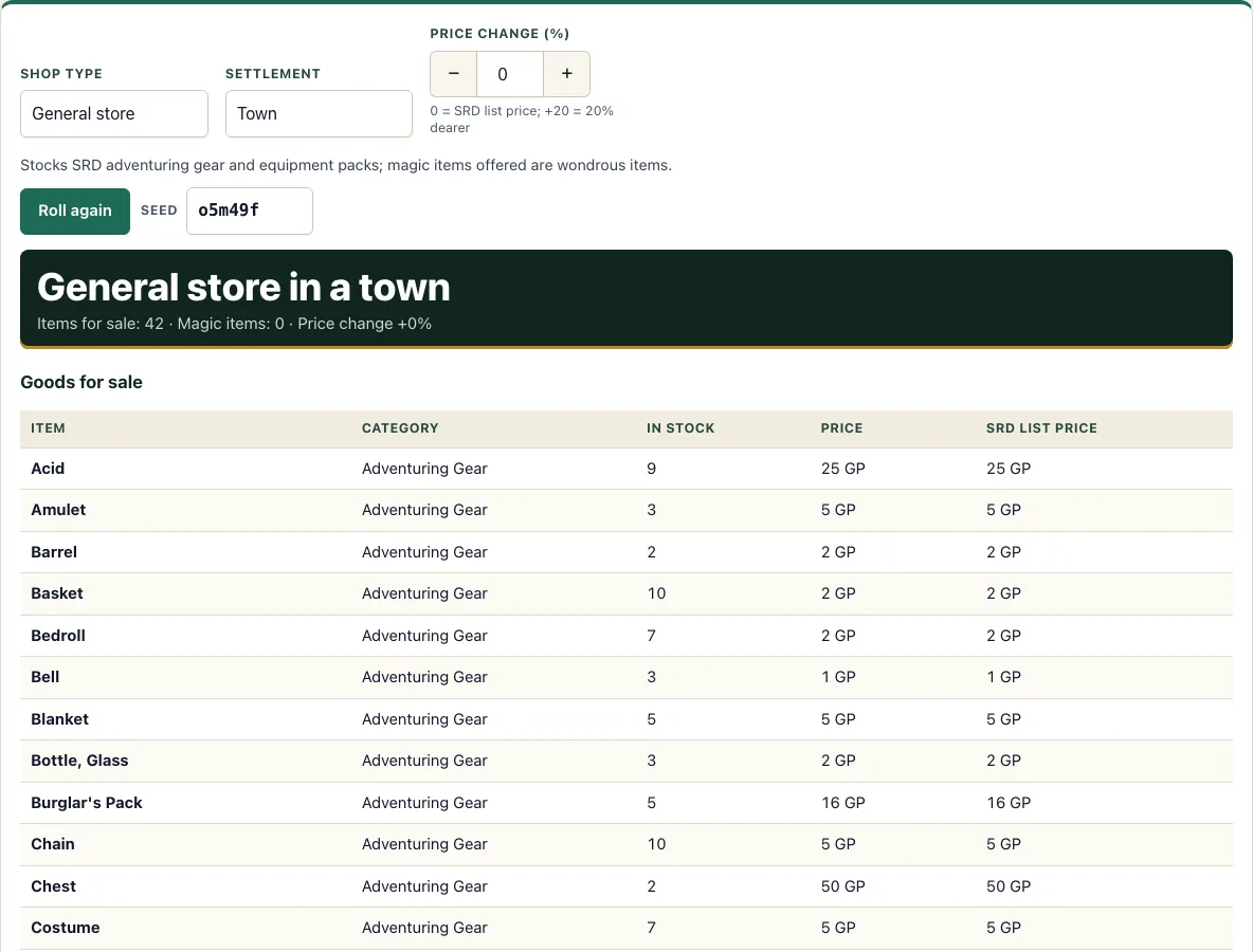 Dnd shop generator example