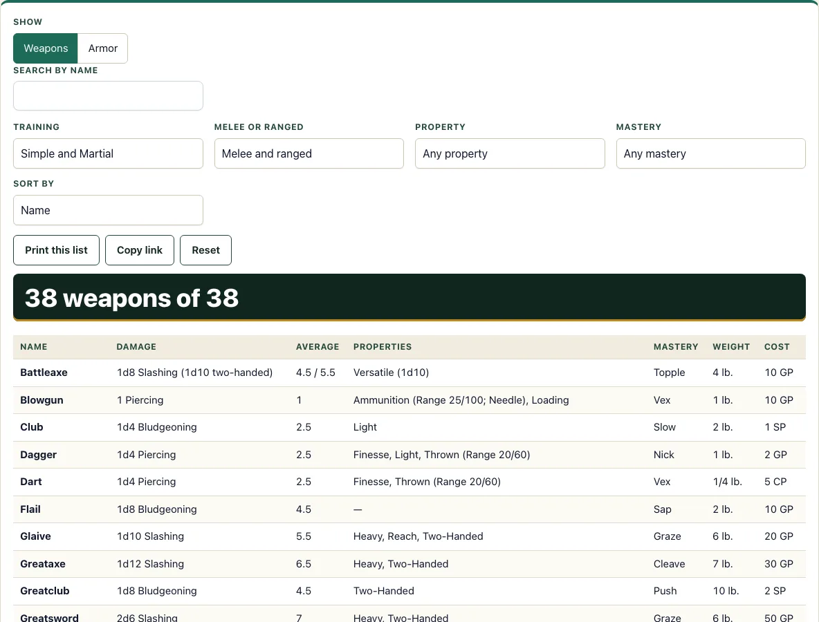 Dnd weapons list example